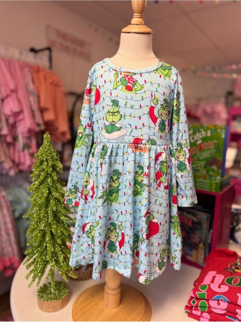 Kids Holiday Christmas Grinch Dress Milk Silk Fabric Girl’s Size 3-6 Months